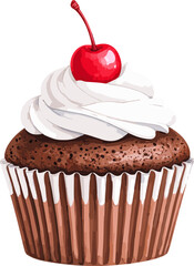 Chocolate cupcake with frosting and cherry watercolor vector illustration