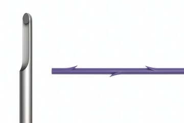 3D illustration of blunt-tip cannula with purple polydioxanone PDO barbed thread, used for non-surgical skin lifting, contouring and rejuvenation in modern aesthetic cosmetic procedures.
