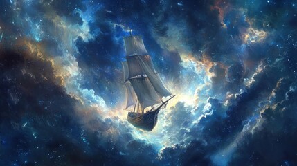 A sailing vessel amidst a vibrant, ethereal cloud landscape artwork wallpaper