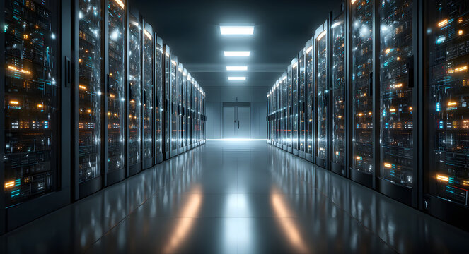 Digital Nexus: An ethereal perspective through a modern server room, highlighting rows of advanced servers and equipment. The scene is bathed in cool blue light.