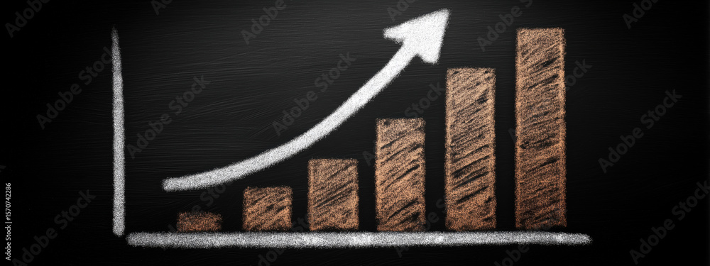 Poster chart with rising trend and growth indicators on a black background created with chalk and graphical