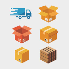 Fototapeta premium Six Isometric Illustrations of Shipping Boxes and a Delivery Truck a Blue Truck Icon Depicting Fast Delivery Orange and Yellow Cardboard Boxes with This Side Up Arrows a Wooden Crate Icon