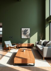 Fototapeta premium Scandinavian style living room featuring wooden coffee table lounge chair and gray sofa against a green wall modern home interior design with a cozy ambiance Empty room interior design Ultra real