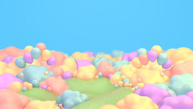 3D render cartoon colorful balloons, balls, and clouds on grass.