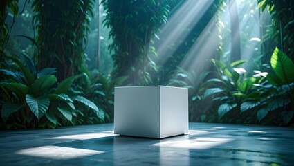 Mysterious White Cube Revealed by Sunbeams in Lush Jungle Clearing