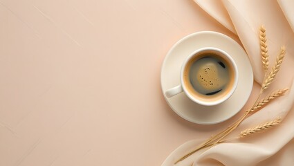 Aromatic Hot Coffee Served in a White Cup on a Saucer with Decorative Wheat Stalks and Flowing Fabric