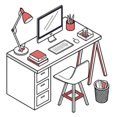 Desk setup with computer lamp and chair keyboard mouse