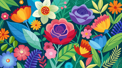 Fototapeta premium Vibrant and colorful abstract floral pattern with lush greenery and dark background