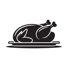 Simple black and white silhouette of a roasted chicken on a plate.