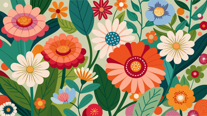 Vibrant and colorful floral pattern with various flowers and green leaves