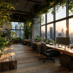 Blur background of office interior with large windows with city urban view, plants, and wooden desks at sunset. Modern workplace and urban greenery concept. Design for poster, wallpaper. Spate.