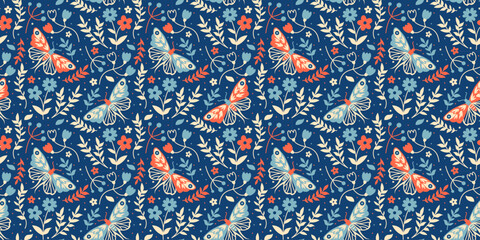 A whimsical floral seamless pattern featuring vibrant butterflies, delicate flowers, and lush florals. Vintage folk motif