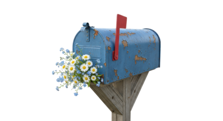 Rustic blue mailbox with daisies and forget-me-nots isolated on a transparent background