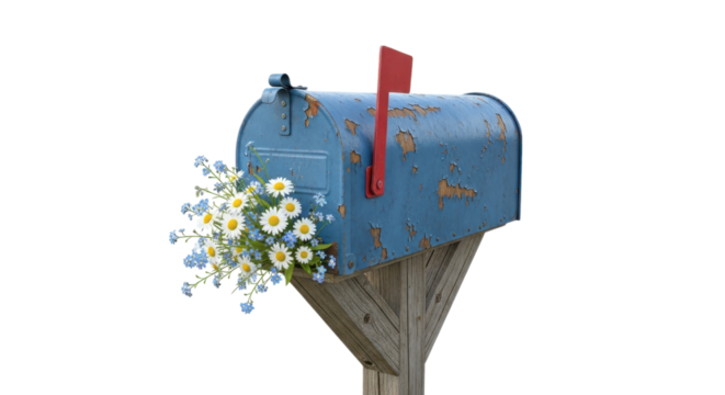 Rustic blue mailbox with daisies and forget-me-nots isolated on a transparent background - Powered by Adobe