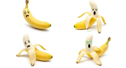 Four bananas with expressions on white background © Dion