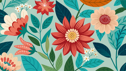 Vibrant retro floral pattern with red and peach flowers and teal leaves