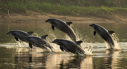 Obraz premium Dolphins leaping together, a marine ballet of agility and grace in a dance of nature's harmony, their sleek bodies reflecting sunlight on water.