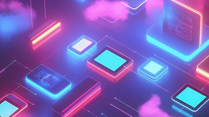 Abstract neon-lit graphic design of interconnected data processing units - Powered by Adobe