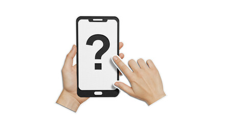 Hands holding smartphone displaying question mark on screen