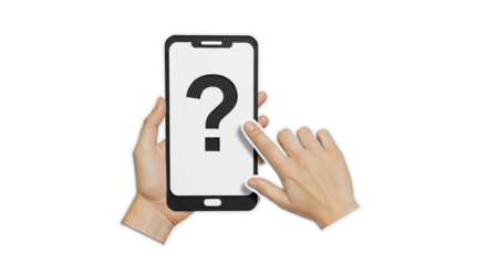 Hands holding smartphone displaying question mark on screen
