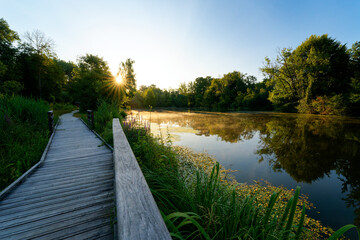 Wood boardwalk through the marshe of Misery in the lower valleys of the Juine and the Essonne river