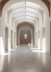 Long empty passage to room with fit balls Empty room interior design architecture blank design room striking structures clean lines geometric shapes dramatic angles play of light and shadow 