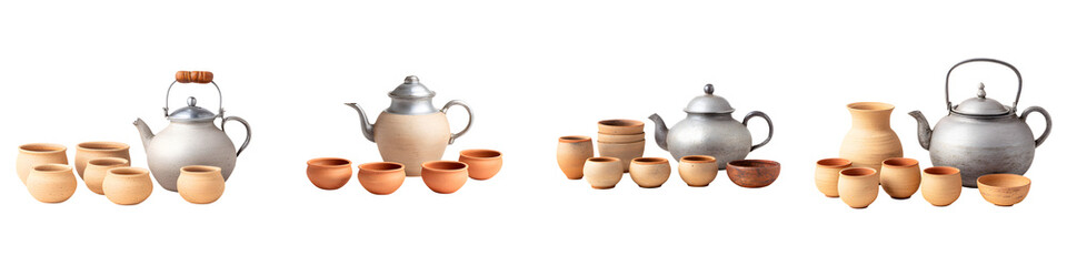 Ceramic Tea Sets Collection: Teapots, Cups, and Jugs on White Background