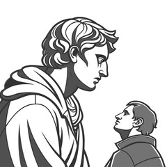 Giant statue looking down at small person sculpture