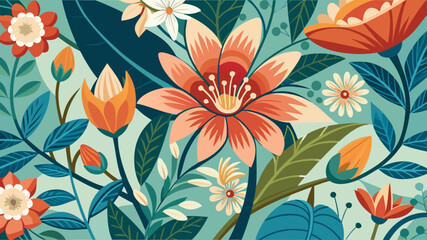 Vibrant floral pattern with large coral and orange blossoms and tropical leaves