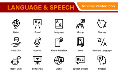 Language web icon set in line style. Language translation, linguistics, speaking, dictionary, listening skills, writing, translate, collection.