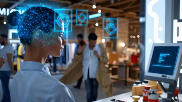 Futuristic technology woman using hologram interface for consumer behavior analysis and digital mind innovation