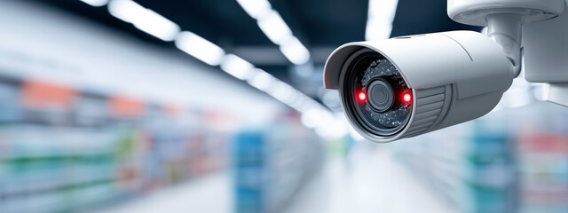 High-Definition Security Camera Monitoring Retail Space with Blurred Background and Bright LED Lights for Enhanced Surveillance