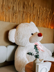 Giant teddy bear sits on a couch in a cozy, warm cafe environment with decorative plants
