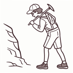 Hiker with ice axe examining rock climbing exploration