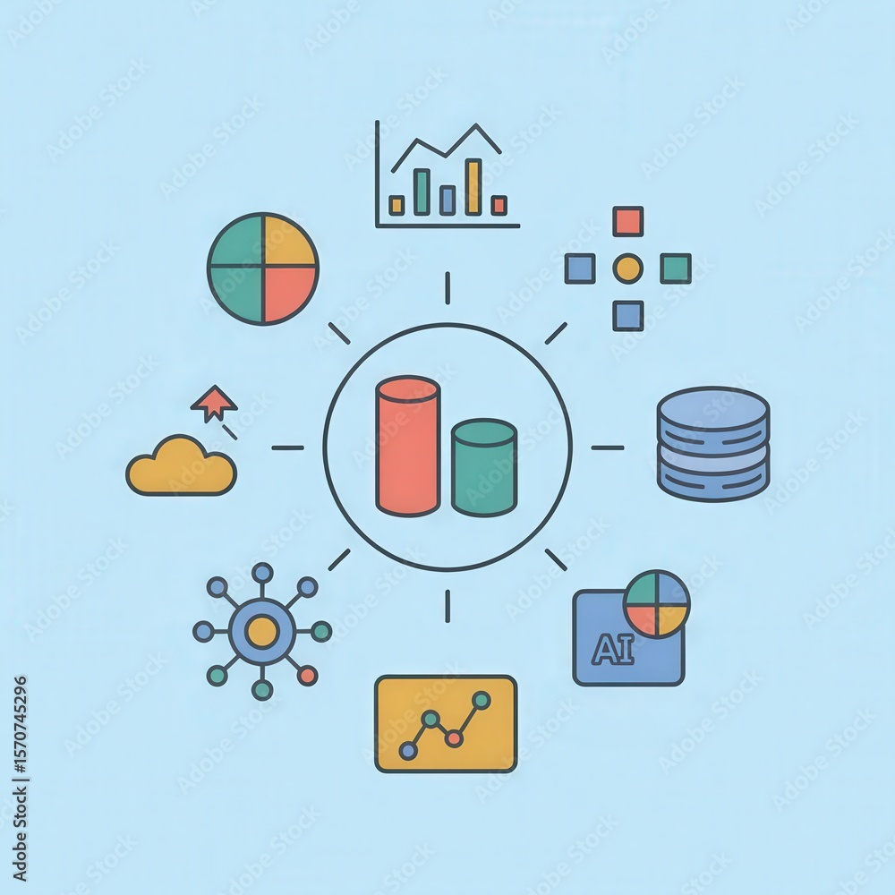 Poster stylized ai and data science icons arranged in a circular pattern on a light blue background