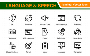 Language web icon set in line style. Language translation, linguistics, speaking, dictionary, listening skills, writing, translate, collection.
