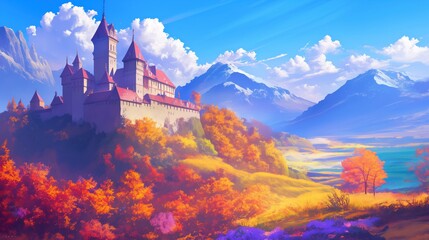 Medieval castle fort with towers surrounded with autumn nature illustration