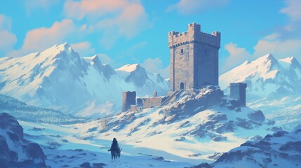 Medieval tower surrounded with winter snow landscape illustration