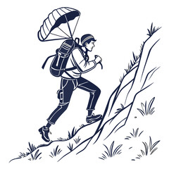 Man climbing mountain with parachute backpack