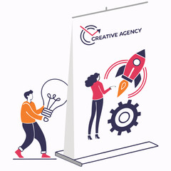 Man holding lightbulb woman pointing rocket creative agency