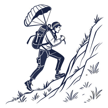 Man climbing mountain with parachute backpack