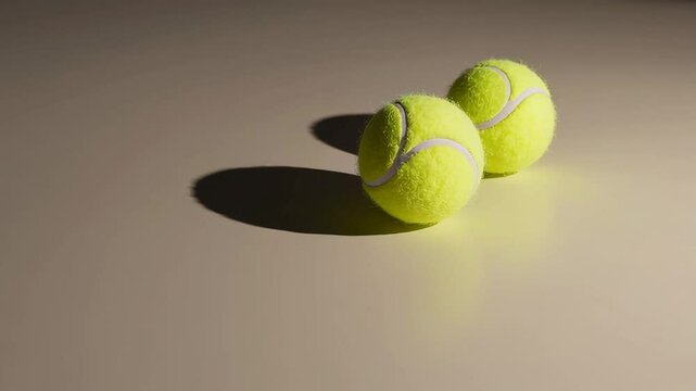 Two fluorescent yellow tennis balls, isolated on a light brown background, rotate slightly, casting shadows that shift subtly with their movement