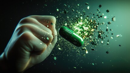 fist hitting a green pill floating in the air and it explodes into little pieces