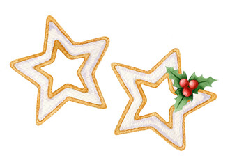 Pair of delicious watercolor gingerbread cookies isolated on white background. Сhristmas star decoration.