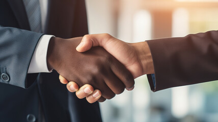 Close up of two businessmen shaking hands after successful partnership negotiation in office. Business shakes hands, ends meeting.profitable deal.