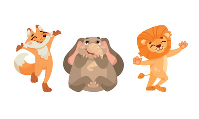 Playful Animal Characters A Fox, an Elephant, and a Lion Joyfully Dancing Together in Harmony