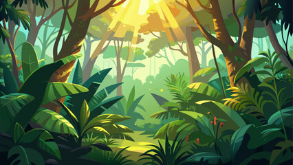 Morning sunlight gently filters through lush green jungle foliage, casting golden rays on vibrant tropical plants. The dense rainforest glows with life and warmth in the early hours