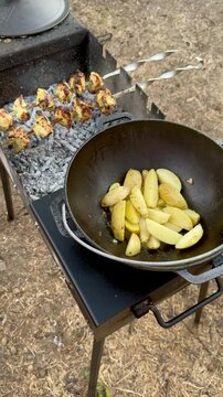 Campfire Potato Wedges and Meat Skewers