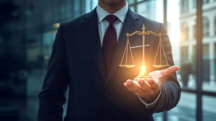 Scales of justice in the hands of a lawyer, businessman in a suit with outstretched hands presents a glowing, ethereal digital representation of the scales of justice.