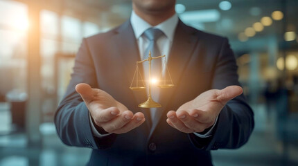 Scales of justice in the hands of a lawyer, businessman in a suit with outstretched hands presents a glowing, ethereal digital representation of the scales of justice.